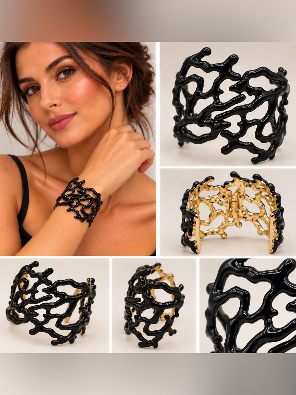 Kenneth Jay Lane Black Enamel Gold Tone Openwork Statement Cuff Bracelet